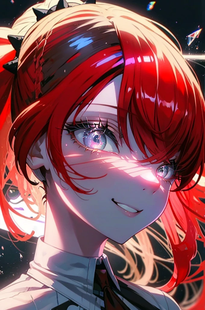 Layne Patterson（Nijisanji）,ponytail,Red Hair,One eye is hidden,Grey Eyes,Black Ribbon,Medium chest,beautiful,smile,whole body, BREAK (masterpiece:1.2), highest quality, High resolution, unity 8k wallpaper, (shape:0.8), (Beautiful and beautiful eyes:1.6), Highly detailed face, Perfect lighting, Highly detailed CG, (Perfect hands, Perfect Anatomy),