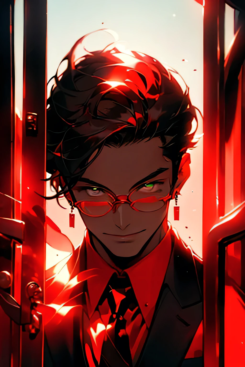 (red theme, red gradient,:1.2) redshift,red, One, Looking at the viewer, smile, short hair, shirt, black hair, 1 boy, jewelry, jacket, upper body, male focus, earrings, tie, glasses, collared shirt, luminous, formal, suit, red tie, luminous eyes, mirror, door, open door, doorway, opening door   