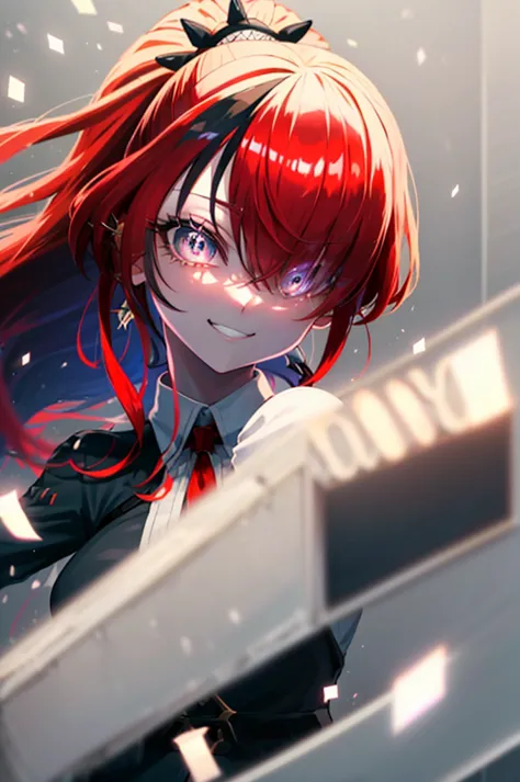 layne patterson（nijisanji）,ponytail,red hair,one eye is hidden,grey eyes,black ribbon,medium chest,beautiful,smile, whole body,b...