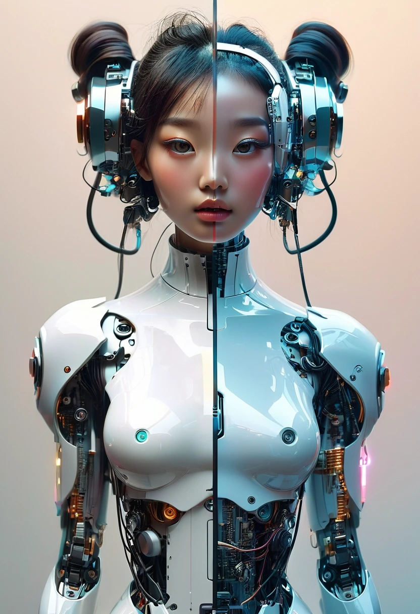 in style of 3D digital illustration, ethereal Shanghai girl, side-by-side comparison, showcasing technology and reality,The illustration on the left depicts her real face the illustration on the right reveals robot face,front view, symmetric, volumetric lighting,minimalist, solid background, high contrast, ultrahigh definition. --ar 3:4 --niji 6