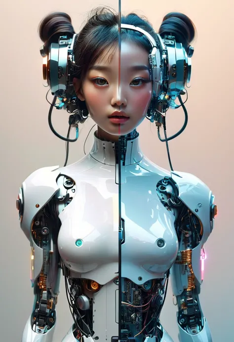 in style of 3d digital illustration, ethereal shanghai girl, side-by-side comparison, showcasing technology and reality,the illu...