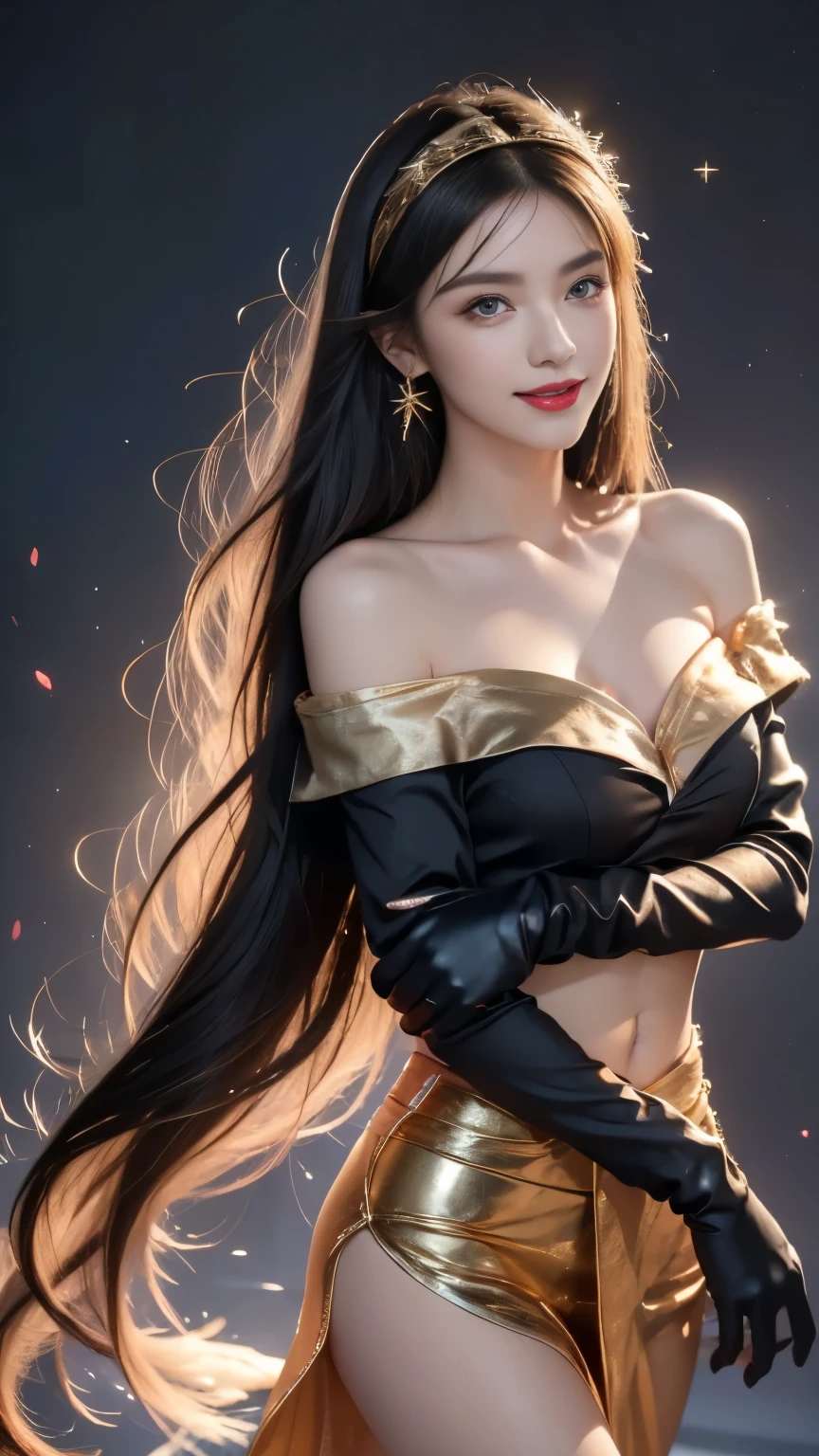 Jobria, Angel Wings, Beautiful woman, (Reality), Backlight, black background, black skirt, black Gloves, Black Hair, Smile, Cowboy shooting, skirt, earrings, Flowing hair, Gloves, gold earrings, gold Headband, Flowering, Hair accessories, ((Headband)), Jewelry, Light Particles, Long hair, Viewer, off-the-shoulder skirt, Off-shoulder, petal, Side Rock, Solitary, spike, Very beautiful dress, Double-sided fabric, ((masterpiece))  