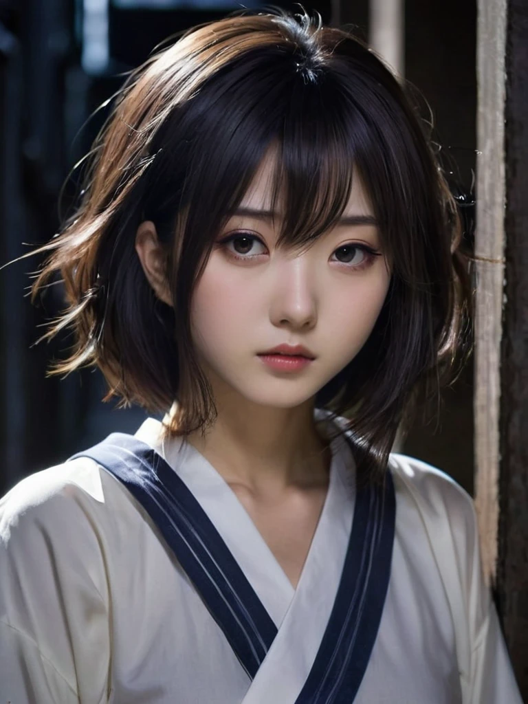 In japanischen Anime "seinen" Stil, Erstelle ein Mädchen (wie das Mädchen: sie hat kurzes Haar bis zu den Schultern, Sie hat Locken, die ihr linkes Auge bedecken, Sie hat eine mittlere Oberweite, ihr Gesicht ist das einer Erwachsenen, sie ist ein bisschen traurig, ihre Hüften sind durchschnittlich breit, sie ist zart, sie ist ein wenig niedergeschlagen) etwa 20 Jahre alt und trägt ein typisches japanisches Schuloutfit, Sie ist nachts in einer dunklen Gasse, nur das Mondlicht.