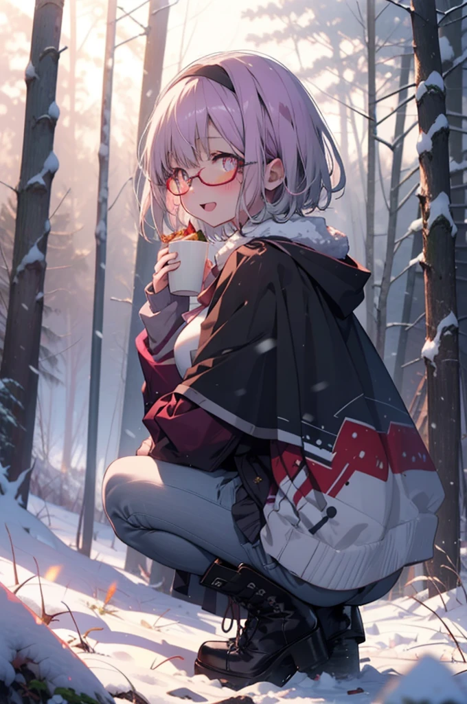 akaneshinjou, shinjou akane, Light purple hair, (Pink Eyes:1.2), short hair,Akagi Glasses,hair band,smile,blush,White Breath,Big Breasts,
Open your mouth,snow,Ground bonfire, Outdoor, boots, snowing, From the side, wood, suitcase, Cape, Blurred, having meal, forest, White handbag, nature,  Squat, Mouth closed, Cape, winter, Written boundary depth, Black shoes, red Cape break looking at viewer, Upper Body, whole body, break Outdoor, forest, nature, break (masterpiece:1.2), Highest quality, High resolution, unity 8k wallpaper, (shape:0.8), (Beautiful and beautiful eyes:1.6), Highly detailed face, Perfect lighting, Highly detailed CG, (Perfect hands, Perfect Anatomy),