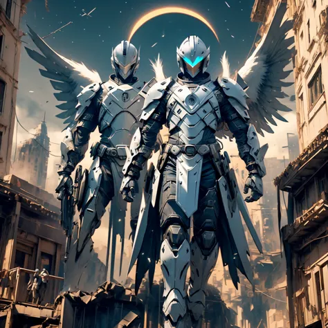 female mecha wings of angel, in black armor and helmet, in a destroyed city, the night, with an eclipse in the background