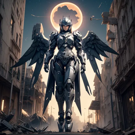 female mecha wings of angel, in black armor and helmet, in a destroyed city, the night, with an eclipse in the background