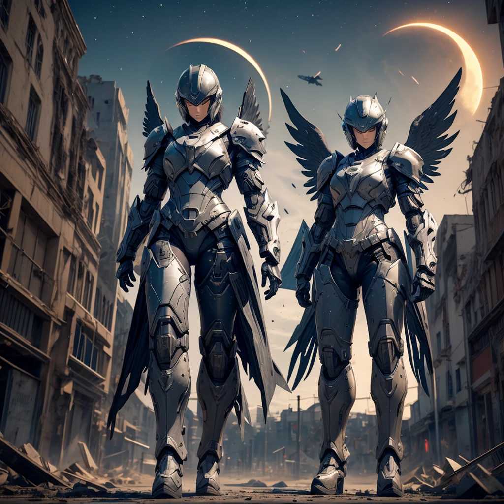 
female mecha wings of angel, in black armor and helmet, in a destroyed city, the night, with an eclipse in the background