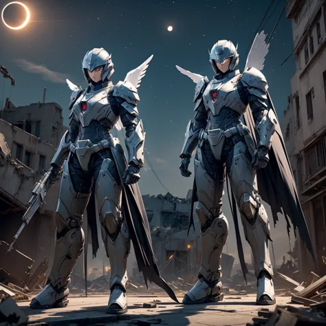 female mecha wings of angel, in black armor and helmet, in a destroyed city, the night, with an eclipse in the background