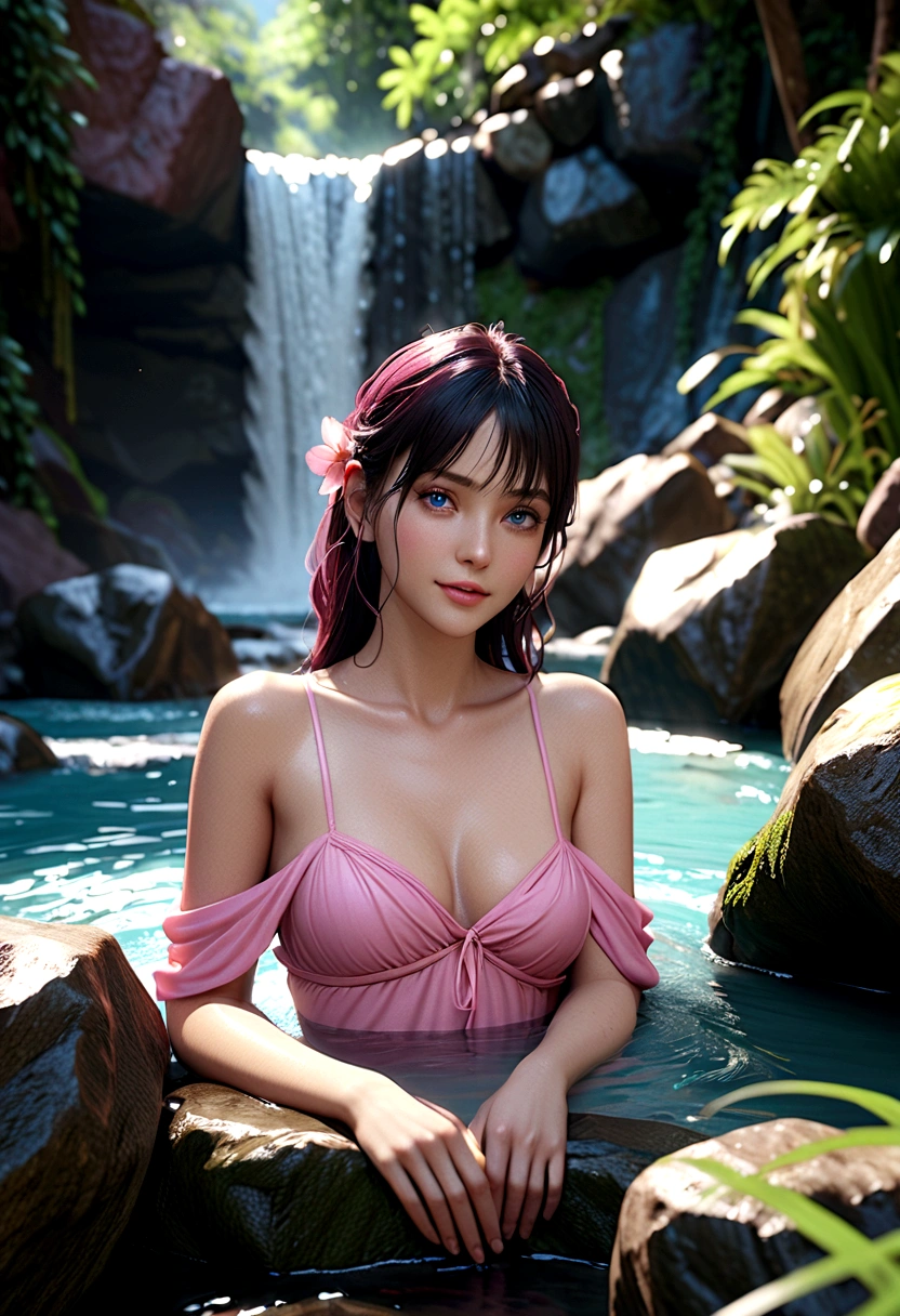 A very beautiful girl happily bathes beside a cool waterfall，Pink skin，blue eyes，Dark hair，Delicate face，Meticulous body，Realistic Model，Highly detailed natural scenery，CGI 8k resolution  