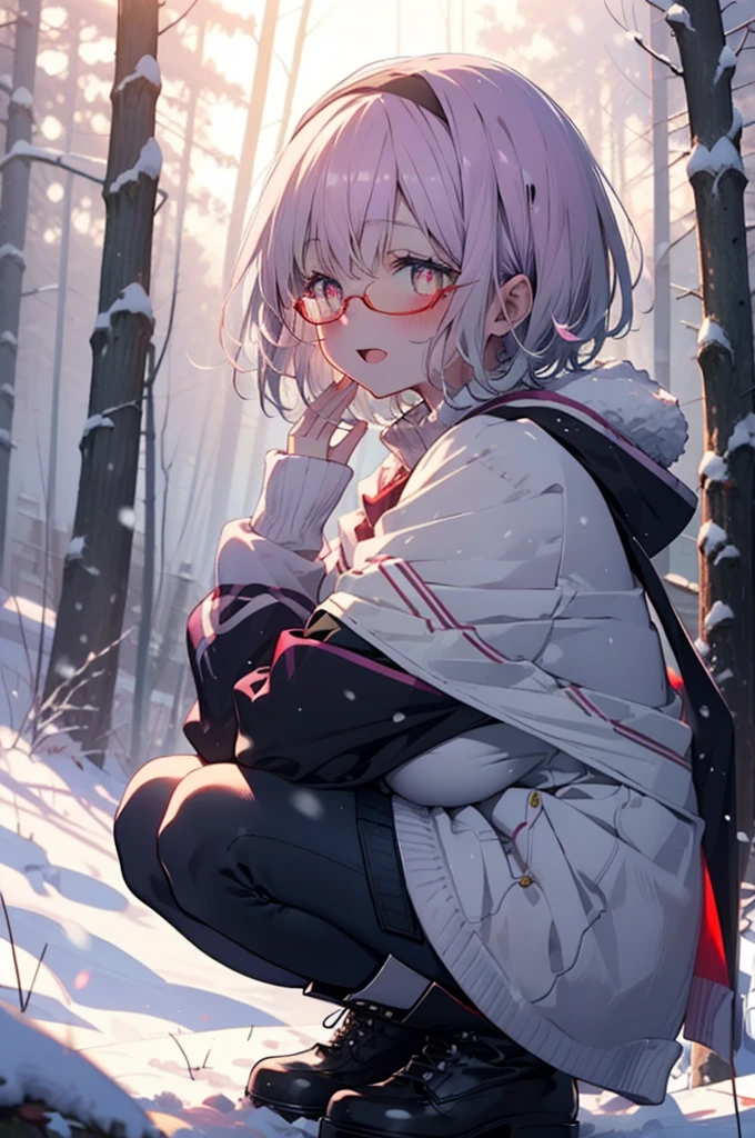 akaneshinjou, shinjou akane, Light purple hair, (Pink Eyes:1.2), short hair,Akagi Glasses,hair band,smile,blush,White Breath,Big Breasts,
Open your mouth,snow,Ground bonfire, Outdoor, boots, snowing, From the side, wood, suitcase, Cape, Blurred, having meal, forest, White handbag, nature,  Squat, Mouth closed, Cape, winter, Written boundary depth, Black shoes, red Cape break looking at viewer, Upper Body, whole body, break Outdoor, forest, nature, break (masterpiece:1.2), Highest quality, High resolution, unity 8k wallpaper, (shape:0.8), (Beautiful and beautiful eyes:1.6), Highly detailed face, Perfect lighting, Highly detailed CG, (Perfect hands, Perfect Anatomy),