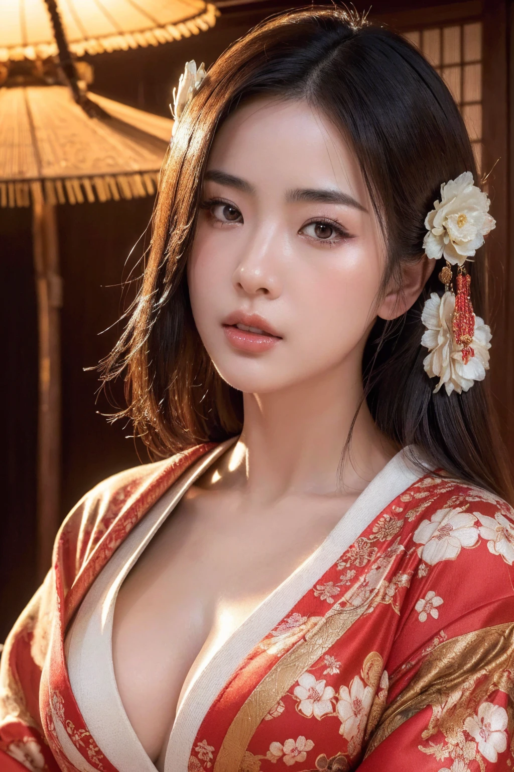 big breasted japanese woman wearing elaborate kimono, shrine, cinematic atmosphere, (best quality,4k,8k,highres,masterpiece:1.2),ultra-detailed,(realistic,photorealistic,photo-realistic:1.37),(looking at viewer),intricate details,beautiful ornate kimono,detailed facial features,detailed eyes and lips,elegant pose,dramatic lighting,vibrant colors,ornate background