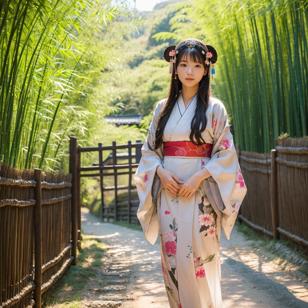 a beautiful japanese girl, wearing a kimono and simple headdress, on a dirt road flanked by high fences made of stone and bamboo like villages in Japan, sunlight exposure, warm lighting, intricate details, extremely detailed, best quality, Ultra HD, 4k, 8k, masterpiece