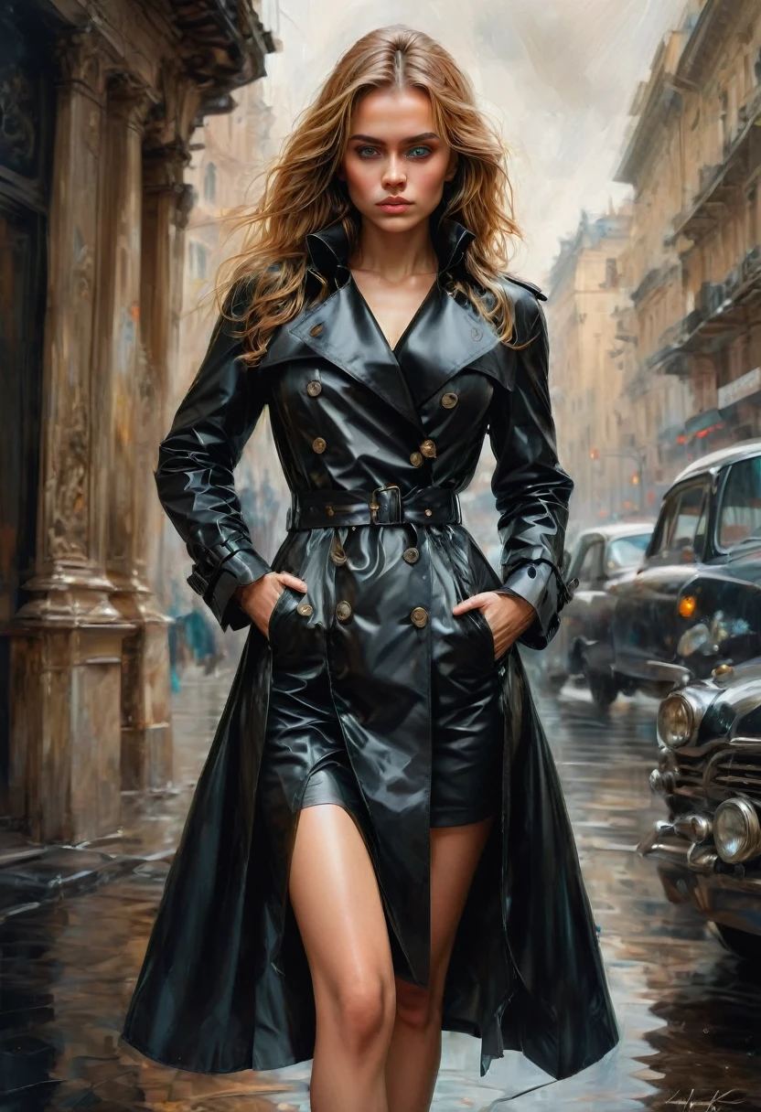 Black Trench Coat, full body, by Anna Razumovskaya, best quality, masterpiece, very aesthetic, perfect composition, intricate details, ultra-detailed