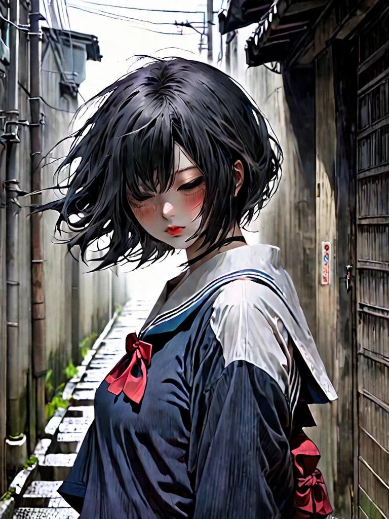 In Japanese anime "seinen" style, create a girl (like the girl is: she has short hair down to her shoulders, she has locks covering her left eye, she has a medium bust, her face is that of an adult, she is a little sad, her hips are averagely wide, she is delicate, she is a little downcast) around her 20s wearing a typical Japanese school outfit, she is in a dark alley at night with only the moonlight.