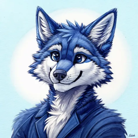 a anthropomorphic blue colored wolf, closed smile, high quality furry art, high quality furry ref, cute.