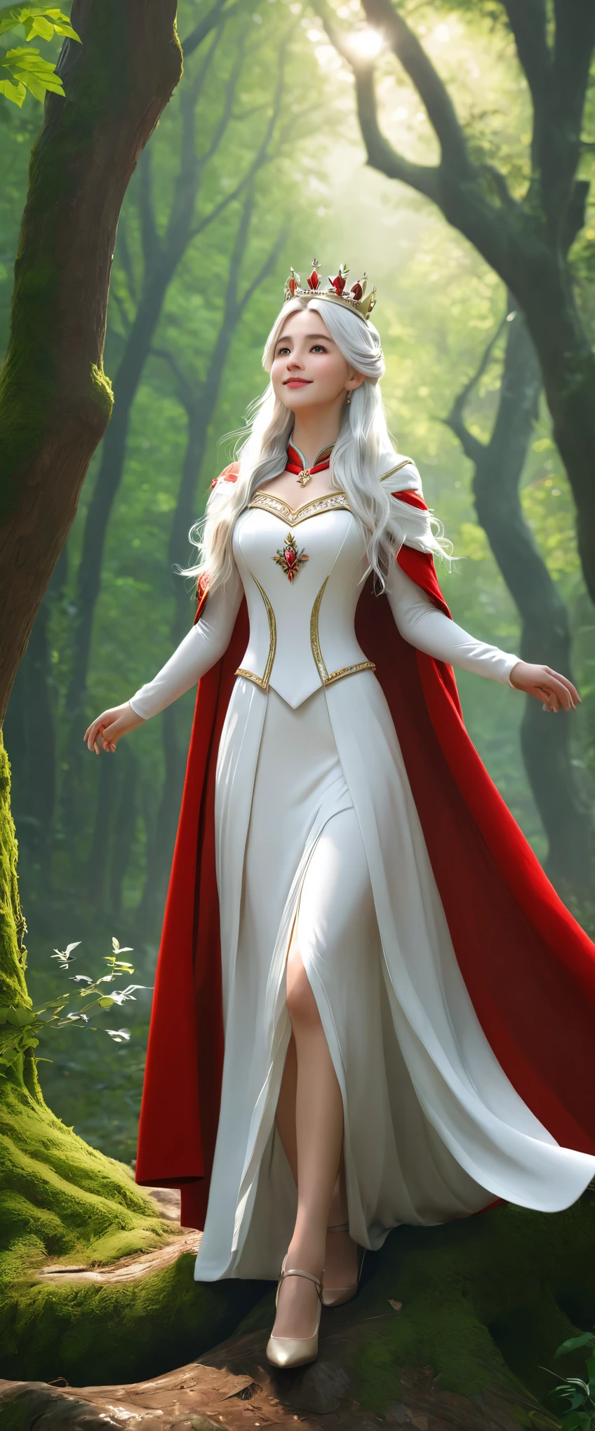 Grateful girl, white long hairs, with white dress and red cloak, the crown in the head, stand in the forest waiting someon, she is very kind, she have sweety smile, full body, high quality, high details, artistic style, respectful attitudeextremely detailed) CG unity, 8k wallpaper, (cinematic angle), perfectly designed