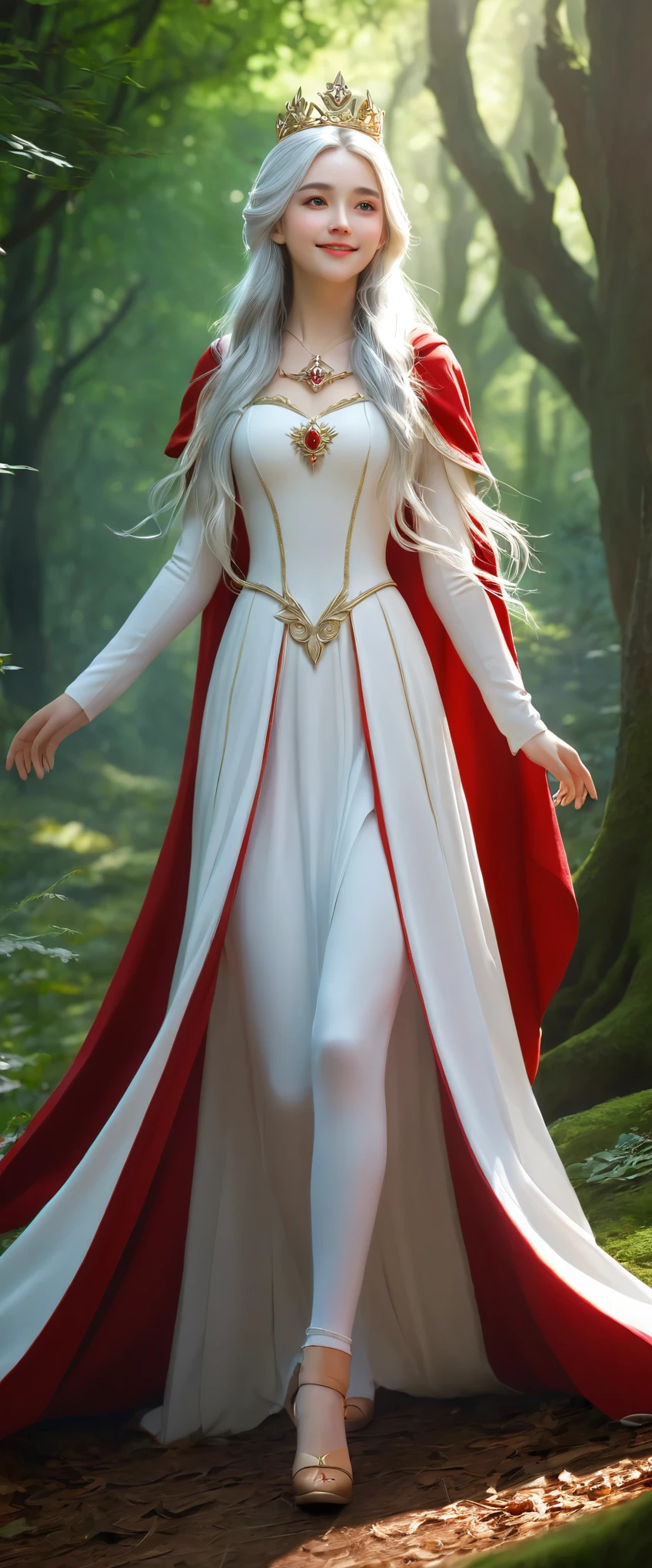 Grateful girl, white long hairs, with white dress and red cloak, the crown in the head, stand in the forest waiting someon, she is very kind, she have sweety smile, full body, high quality, high details, artistic style, respectful attitudeextremely detailed) CG unity, 8k wallpaper, (cinematic angle), perfectly designed