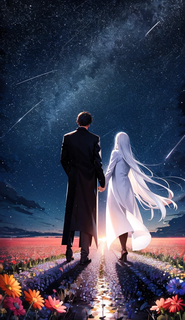 Starry Sky，Animated scene of a couple standing in a flower field,Back view，I can't see facial expressions，The man is wearing a long black coat，The woman is wearing a white long coat