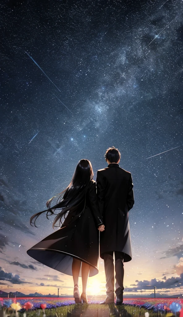 Starry Sky，Animated scene of a couple standing in a flower field,Back view，I can't see facial expressions，The man is wearing a long black coat，The woman is wearing a white long coat