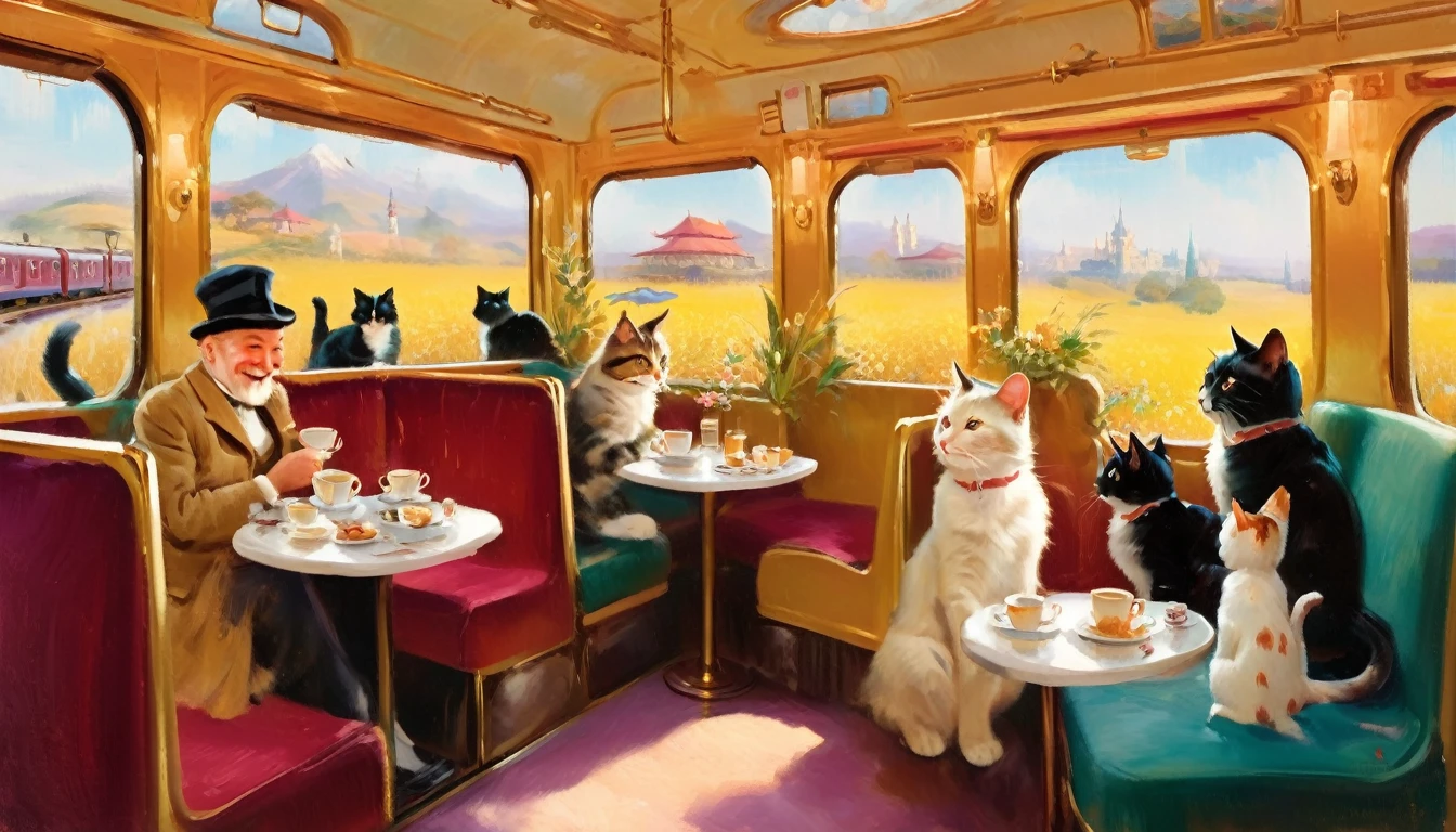 créer avec l&#39;impressionnisme et la fantaisie un café chaleureux niché dans le wagon élégant d&#39;un train traversant un paysage fantaisiste. à l&#39;intérieur, des chats duveteux de toutes formes et de toutes tailles se prélassent parmi des coussins moelleux et chassent les papillons scintillants qui voltigent à travers les fenêtres ouvertes. Passagers, fatigués de leurs voyages, siroter du thé et caresser les chats, leurs visages illuminés d&#39;une chaleureuse lueur de contentement. La scène est capturée dans un cadre lâche, style impressionniste, capturer les moments fugaces de joie et de camaraderie trouvés parmi des inconnus en voyage.