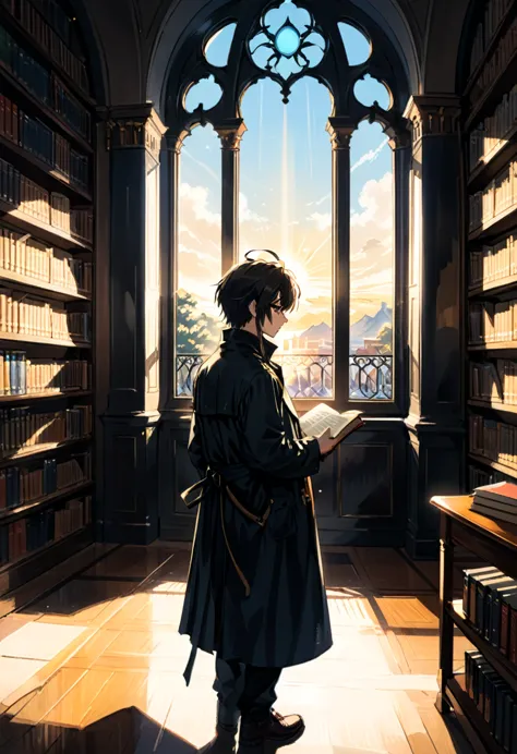 (Black Trench Coat), Retro style, a reader wearing a black windbreaker stands in a corner of the library, reading. The backgroun...