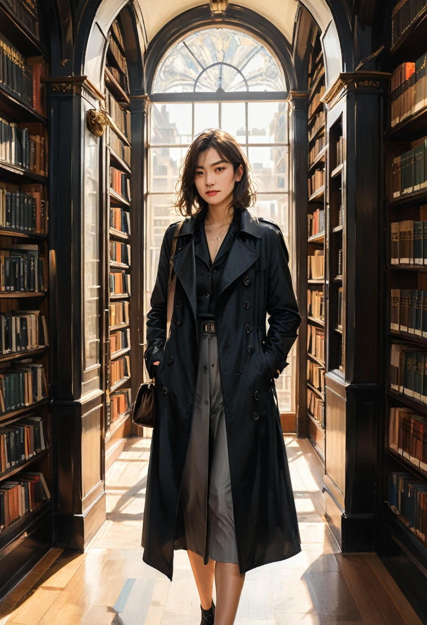 (schwarzer Trenchcoat), Retro-Stil, Ein Leser in einem schwarzen Windbreaker steht in einer Ecke der Bibliothek., Lektüre. Der Hintergrund ist eine Bibliothek voller Bücher und das sanfte Sonnenlicht, das durch das Fenster scheint., (Fotografie), Panoramablick, Preisgekrönt, filmisches Standbild, emotional, vignette, Dynamisch, lebendig, (Meisterwerk, beste Qualität, Fachmann, perfekte Komposition, sehr ästhetisch, absurdesten, ultra-detailliert, komplizierte Details:1.3)