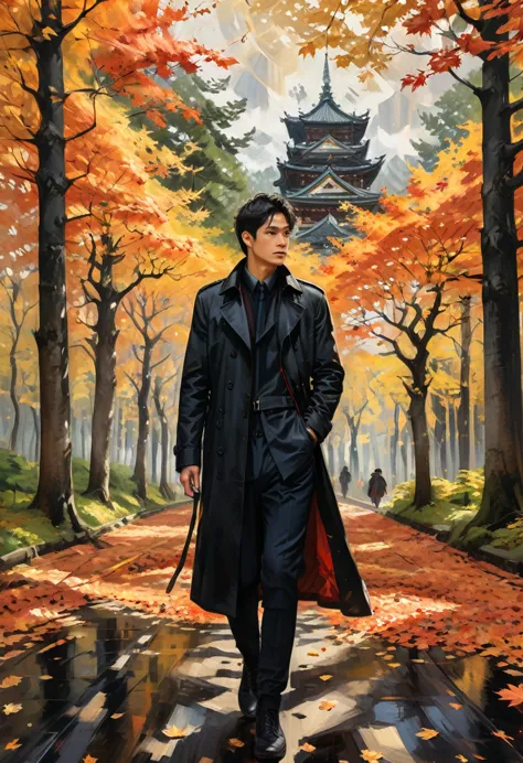 (Black Trench Coat), Oil painting style, a person wearing a black windbreaker is strolling in the maple forest, surrounded by sc...