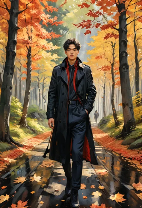 (Black Trench Coat), Oil painting style, a person wearing a black windbreaker is strolling in the maple forest, surrounded by sc...