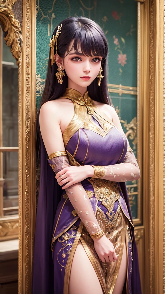 Masterpiece, best quality, portrait of a frock-wearing girl from India, Vibrant colors, intricately designed traditional frock, detailed embroidery, gold border, matchless craftsmanship, defined facial features, almond-shaped eyes, glossy black hair, boundless expressiveness, delicate neck adornments, jhumkas, bangles, symmetrical, full-length shot, evoking a rich cultural heritage, High-resolution (6K), High-definition, Textured fabrics, Studio lighting, Ultimate detailing, Illustrative style, Captivating and authentic representation.