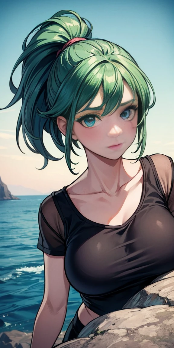 1girl, green hair, blue eyes, ponytail, detailed face, breasts, masterpiece, high quality, overlooking the ocean sitting on the edge of a rock, in the style of avian-themed, realistic yet stylized, aerial view