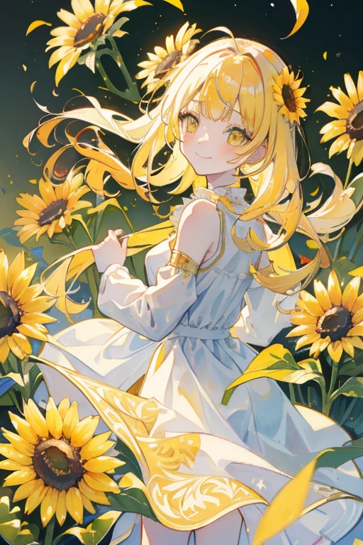 masterpiece, best quality, 4k, caustics, high details, sparkle, solo, smile, 1girl, yellow hair, long hair, blunt bangs, yellow eyes, arched eyebrows, white dress, sun flower, sun flower background