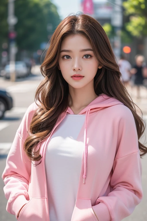 highest quality、4K、Perfect Face、Perfect Style、perfect body、Sunburn、beautiful lady、mature、long curly layer brown hair、Swept-back hair、full body, sexy 、charming、healthy、pink hoodie, cherry pierce