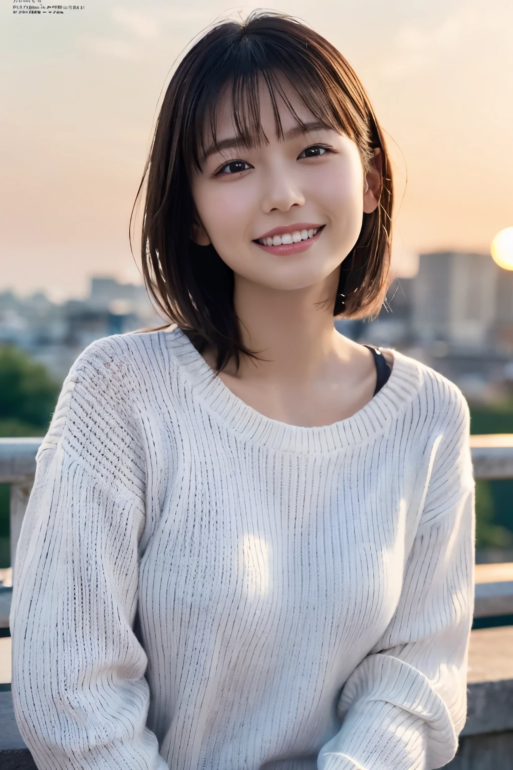 1 Girl, (Wearing a white summer sweater:1.2), Very beautiful Japanese idol portraits, 
(RAW Photos, Highest quality), (Realistic, Realistic:1.4), (masterpiece), 
Very delicate and beautiful, Very detailed, 2k wallpaper, wonderful, finely, Very detailed CG Unity 8K 壁紙, Very detailed, High resolution, Soft Light, 
Beautiful detailed girl, Very detailed目と顔, Beautiful and sophisticated nose, finelyて美しい目, Cinema Lighting, 
(Fashion magazine photography:1.3), (Outdoor), (Looking up at the sunset sky),
(short hair), 
Complete Anatomy, Slender body, Small breasts, smile