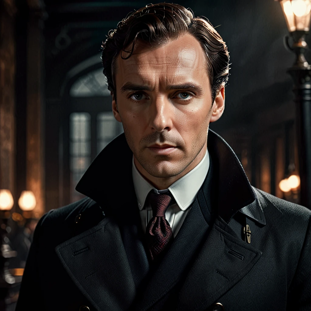 a sherlock holmes character in a black trench coat,detailed portrait,intricate facial features,mesmerizing eyes,sculpted jawline,classy gentleman,serious expression,mysterious atmosphere,moody lighting,dark and gritty,dramatic shadows,cinematic composition,oil painting style,muted color palette,chiaroscuro lighting,hyper realistic,8k,extremely detailed,photorealistic,award winning artwork