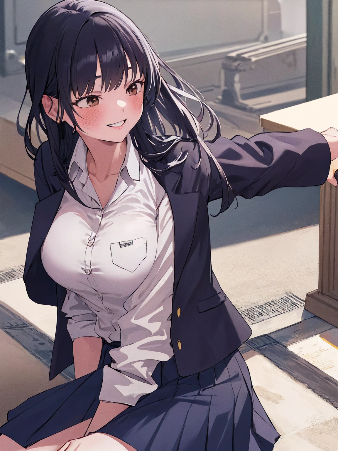 masterpiece, Highest quality, High resolution, Long Hair, Brown eyes, clavicle, Collared shirt, White shirt, Rolled up my sleeves, Pleated skirt, Blue Skirt, mini skirt, smile, Outdoor, masterpiece, Absurd, Super detailed, Anna Yamada, One girl, alone, Long Hair, blush, (Large Breasts, Big Breasts), Black Hair, Long sleeve, Brown eyes, , Jacket, White shirt, Pleated skirt, Collared shirt, (Realistic:0.35), blush, smile, Powerful laughter
