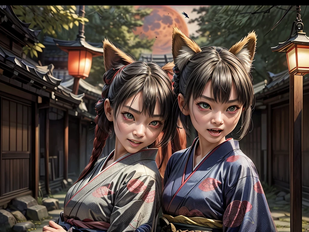 (best quality,4k,8k,highres,masterpiece:1.2),ultra-detailed,(realistic,photorealistic,photo-realistic:1.37),hauntingly beautiful Yokai battle scene,traditional Japanese ink painting,ominous atmosphere,foggy forest background,Tokyo street,full of ancient Yokai creatures lurking in every corner,1 girl wearing a kimono and wielding a magical sword,2 girls with fox masks transforming into Yokai forms,strikingly vibrant colors,sharp details on the Yokai's scales and fangs,ethereal and mystical glowing eyes,outstanding attention to texture,brushwork reminiscent of classic ukiyo-e prints,shadowy Yokai figures emerging from the darkness,historical authenticity in clothing and architecture,eerie light cast by lanterns and moonlight,ominous red moon hanging low in the sky,surreal and spectral aura permeating the entire scene,haunting Yokai cries echoing through the night,evocative and immersive battle scene capturing the clash between humans and supernatural creatures.