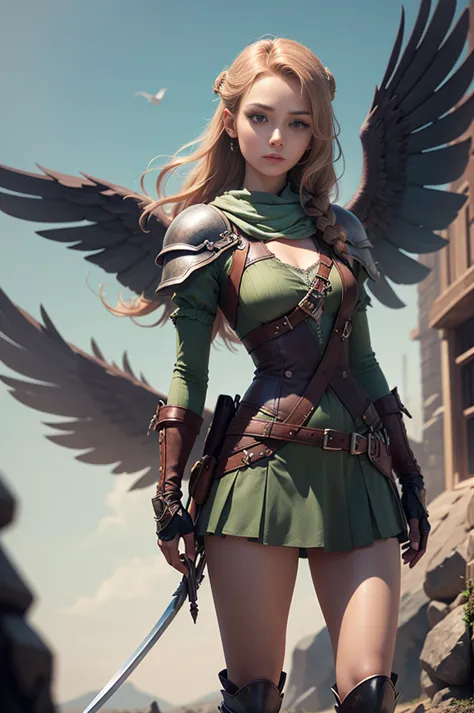 there is a woman with a sword and a HELMET WITH BIRD WINGS,   in her hand, REMOVING HELMET POSE  cgi game style artwork, fantasy...