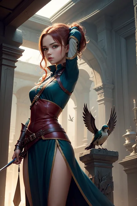 there is a woman with a sword and a HELMET WITH BIRD WINGS,   in her hand, REMOVING HELMET POSE  cgi game style artwork, fantasy...