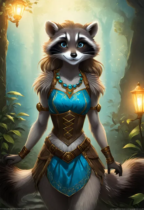 create an illustrated, hand-drawn, full-color image of an anthropomorphic raccoon girl. the artwork should be rendered in the st...