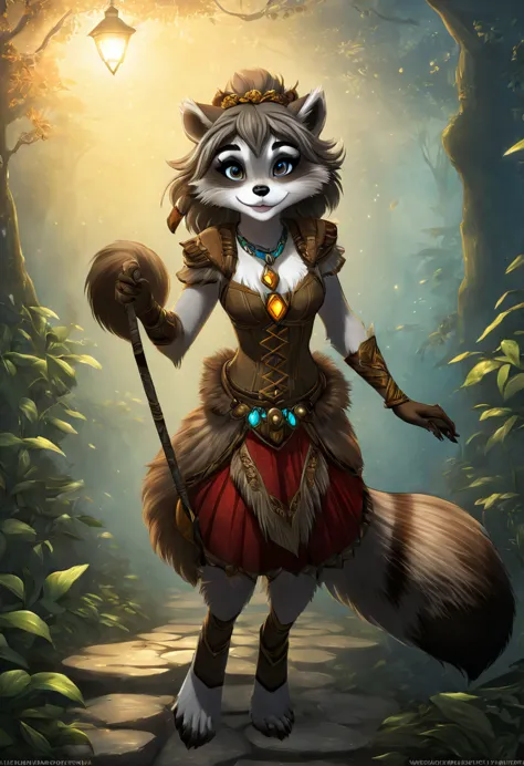 create an illustrated, hand-drawn, full-color image of an anthropomorphic raccoon girl. the artwork should be rendered in the st...