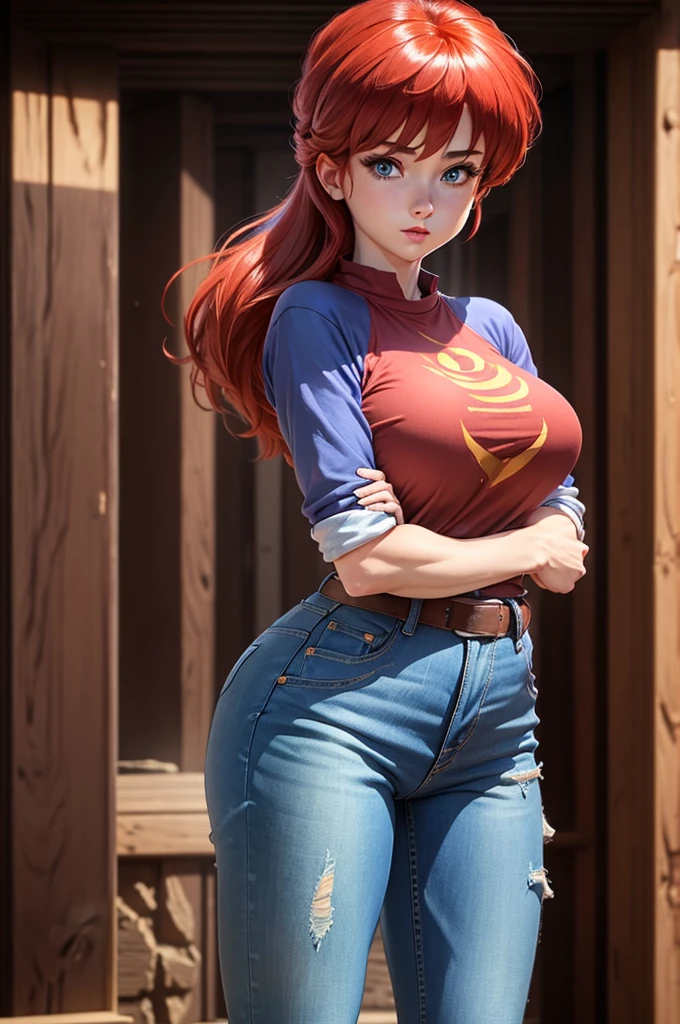 (Ranma)(1solo)(1girl)((Solo)) ((Masterpiece)) ((High Quality)) (slim thick)((Perfect Face)) ((Huge Breasts)) ((Wide Hips)) ((Narrow Waist)) ((Beautiful)) ((Redhead)) ((Long Hair)) ((Light Skin)) ((Cute Nose)) ((BLue Eyes)) ((Young)) ((Transparent Tee Shirt)) ((Jeans))(cameltoe)