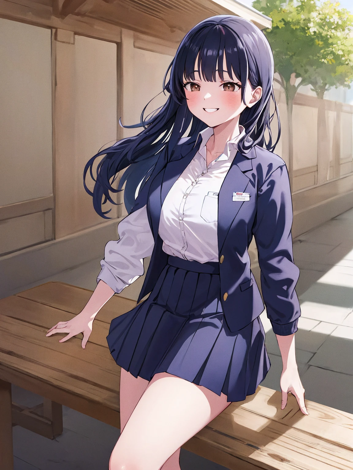 masterpiece, Highest quality, High resolution, Long Hair, Brown eyes, clavicle, Collared shirt, White shirt, Rolled up my sleeves, Pleated skirt, Blue Skirt, mini skirt, smile, Outdoor, masterpiece, Absurd, Super detailed, Anna Yamada, One girl, alone, Long Hair, blush, (Large Breasts, Big Breasts), Black Hair, Long sleeve, Brown eyes, , Jacket, White shirt, Pleated skirt, Collared shirt, (Realistic:0.35), blush, smile, Powerful laughter
