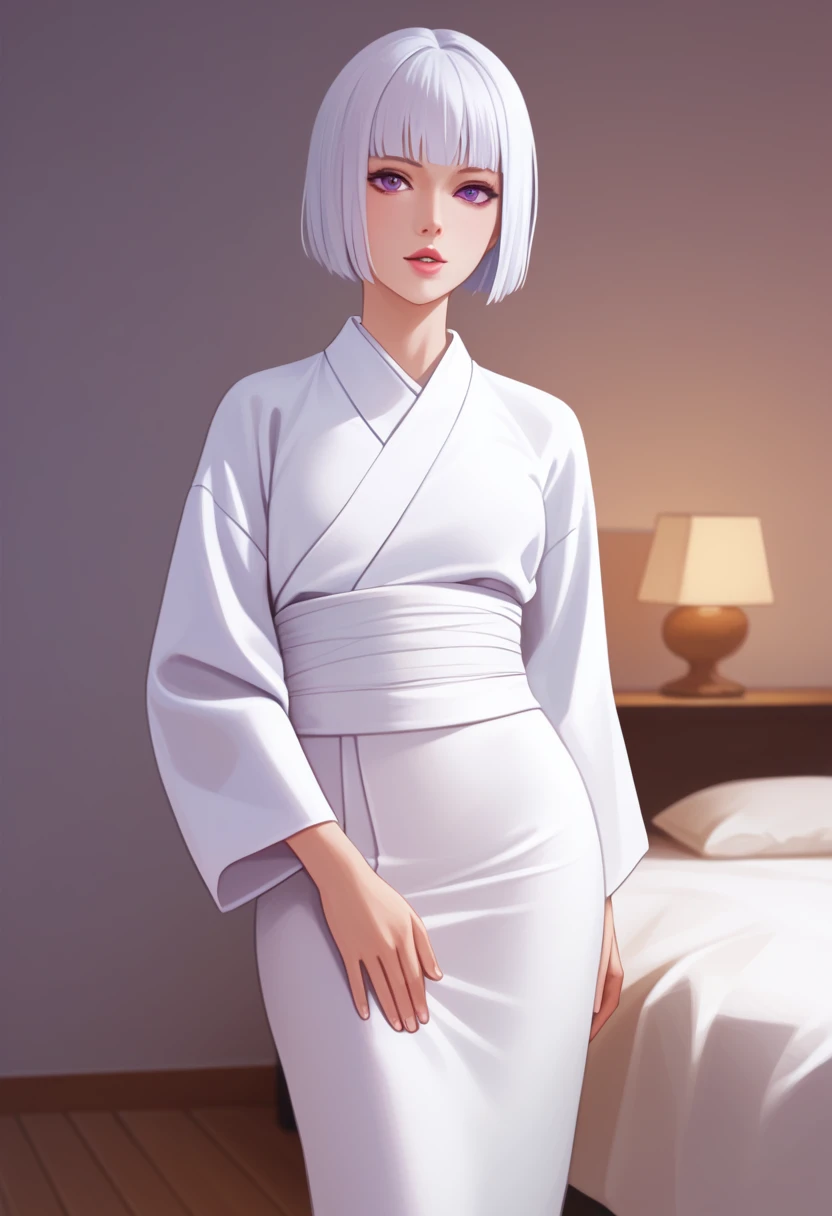 score_9_up, score_8_up, score_7_up, 1girl, solo, mature female, Uraume, short white bob hair, purple eyes, pink lips, parted lips, fit slim body, ((perfect medium erected breast)), (((white tight kimono))), bedroom, perfect model body, looking at the viewer, standing in seductive pose