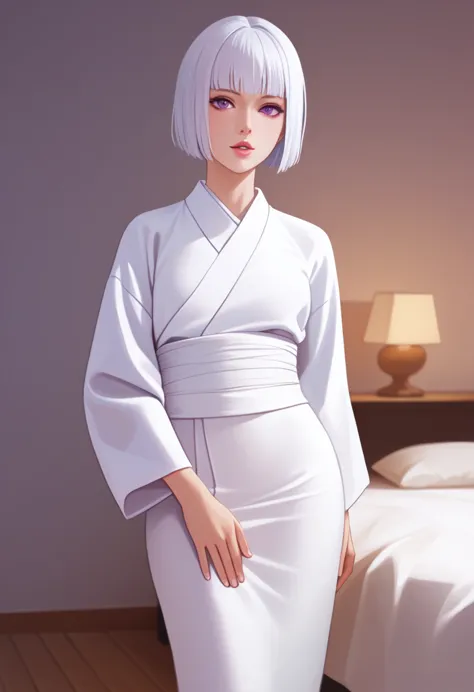 score_9_up, score_8_up, score_7_up, 1girl, solo, mature female, Uraume, short white bob hair, purple eyes, pink lips, parted lip...