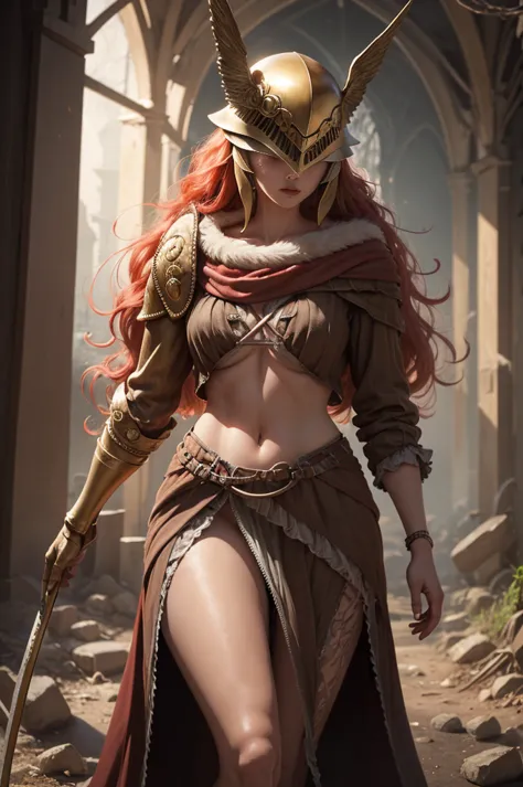 nude  woman with a sword and a HELMET WITH BIRD WINGS, sexy, big , nude   cgi game style artwork, fantasy artwork, miquella , el...