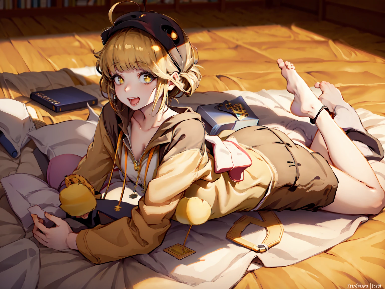 (masterpiece), short hair, brown hair, golden eyes, smile, pajamas, ahoge, open mouth, barefoot, pillow, black hair, on stomach, short hair, bed, lying, book, onesie