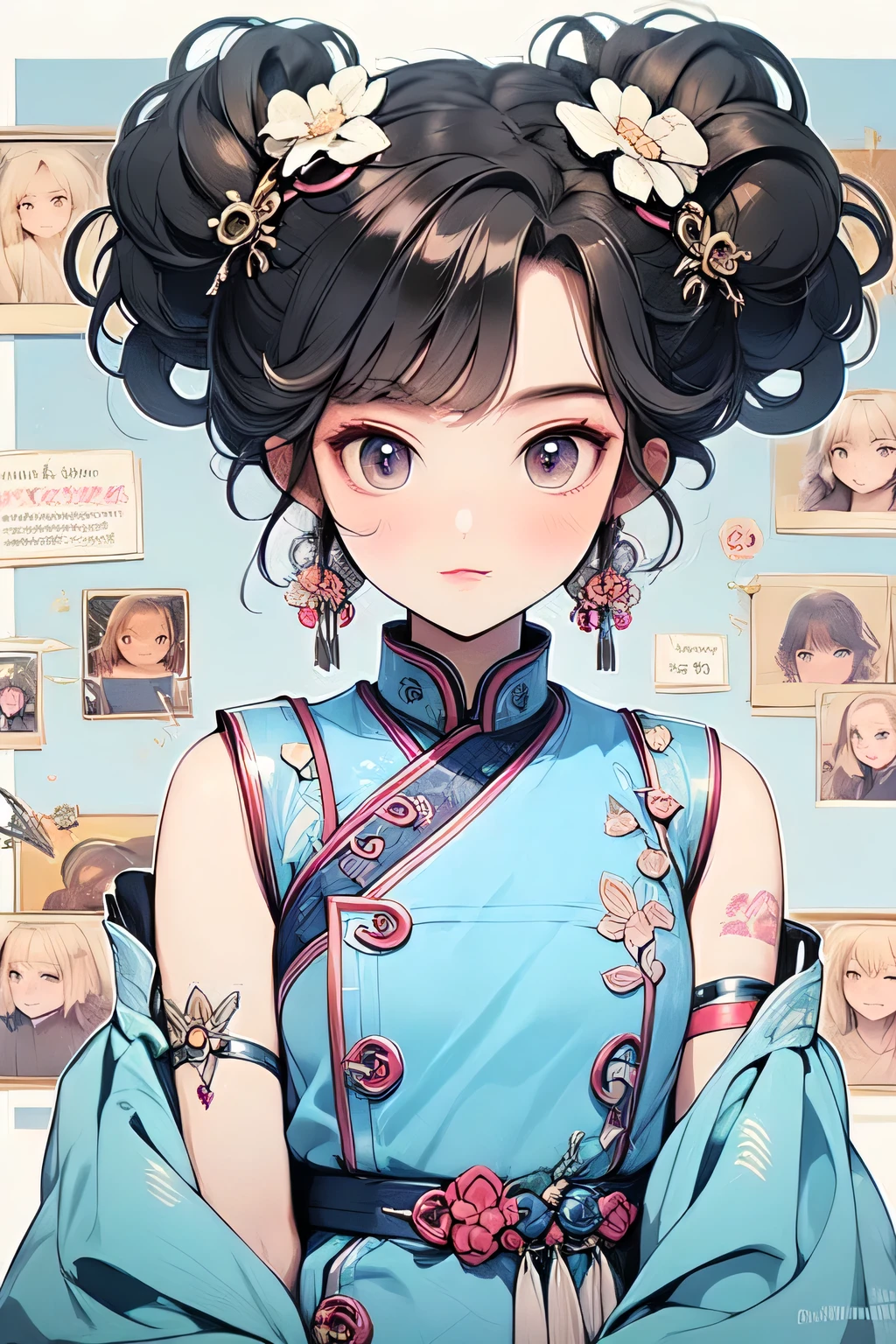 Create a 2D anime girl with cute and cute features., decorated with a delicate hair decoration in the shape of a lotus.,big shiny eyes, round cheeks, small tender mouth, and soft wavy hair. The character must have a body, chibi-like, with a big head and , emphasizing attractiveness. Style – thick painting with rich and bright colors., high detail, and casual, Buddhist personality. The overall mood is relaxed and charming.