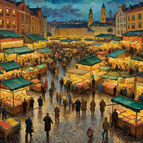 a bustling market, swirling brushstrokes, bright colors, energetic crowd, post-impressionism, dynamic composition, vibrant atmos...