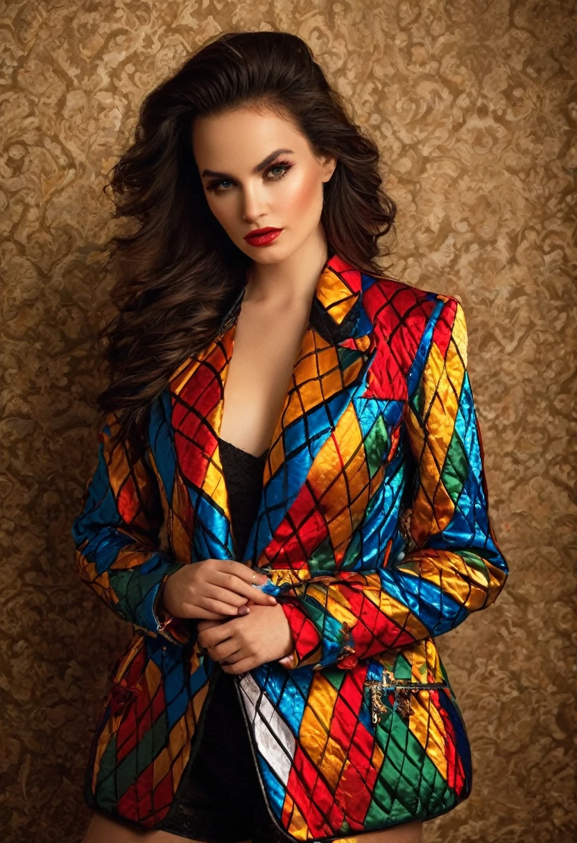 alerquina,quinn, harlequin queen, colorful jacket, Beautiful girl, sensuous