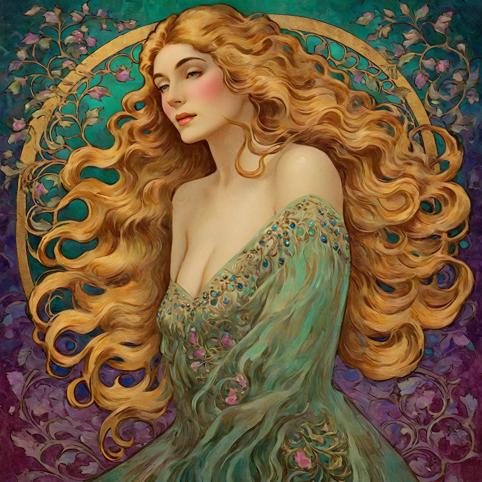 una mujer con el pelo suelto, Art Nouveau, Fotorrealista, rasgos faciales detallados, alta calidad, detalles intrincados, colores exuberantes, iluminación dramática, fondo adornado, elegant pose, suave enfocado, tonos joya, atmósfera etérea